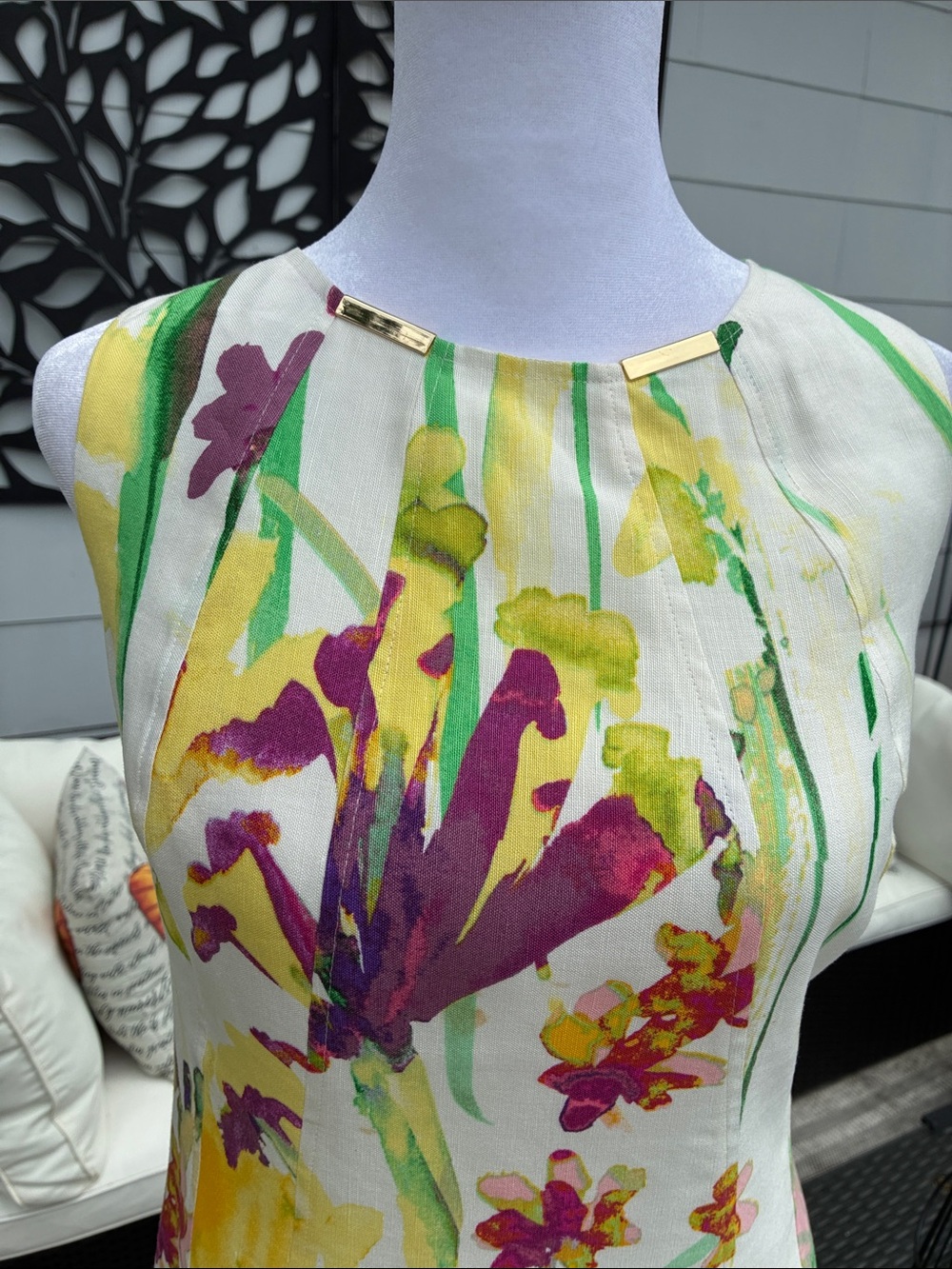 Calvin Klein Sleeveless Linen Blend Dress, Ivory w/ Multi-Color Floral Design 10 - Picture 3 of 12